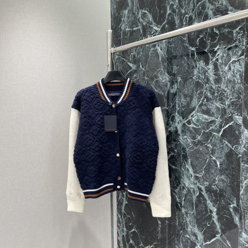 Louis Vuitton Jacquard Knit Cardigan with Contrasting Stitching and Collegiate Style, Fashionable for All Occasions