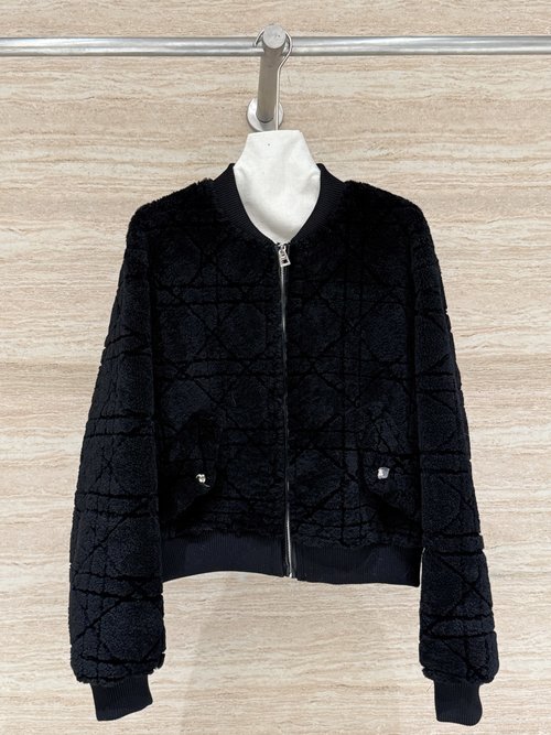 Dior Small Upright Collar Fur Coat with Classic Cane Pattern