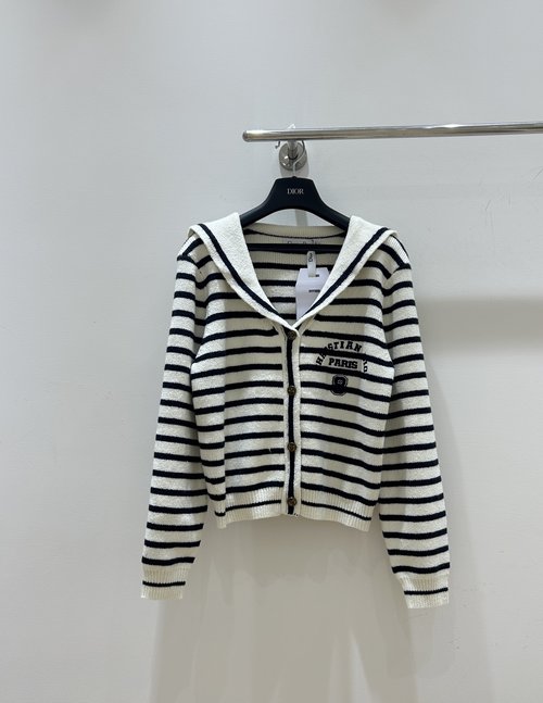 Dior Black-and-White Striped Knitted Cardigan with Naval Collar and Embroidered Letters