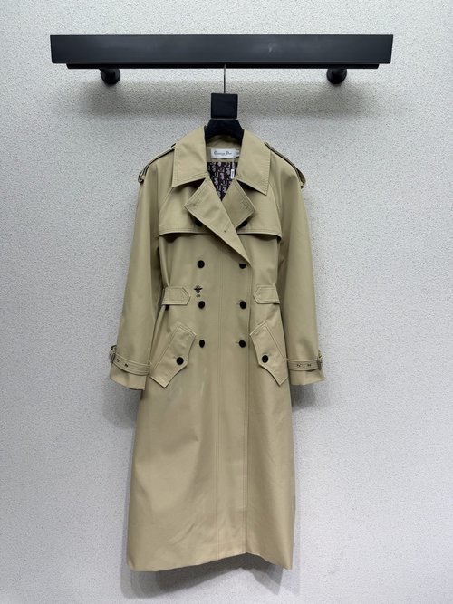 Dior Classic Khaki Long Trench Coat with Bee Decal and Detachable Hat