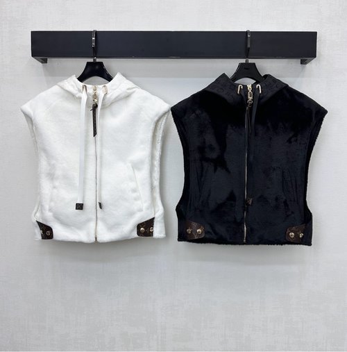 Louis Vuitton Fur Hooded Zippered Vest with Clovers