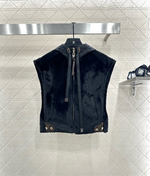 Louis Vuitton Customizable Furry Hooded Vest with Logo Ornament and Adjustable Features