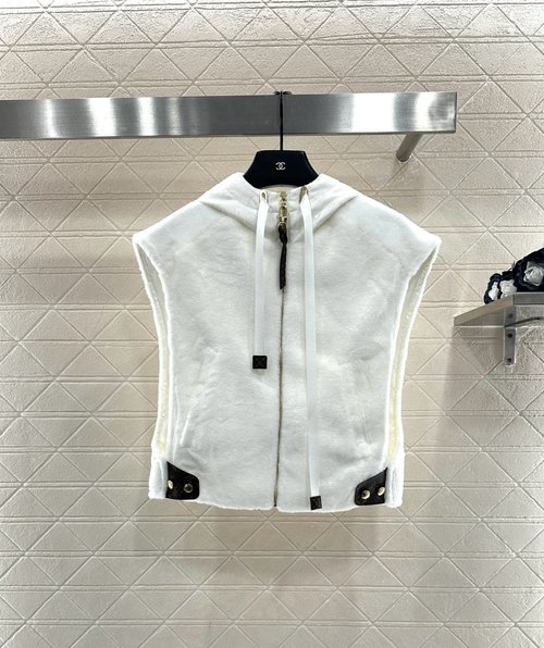 Louis Vuitton Customizable Furry Hooded Vest with Logo Ornament and Adjustable Features