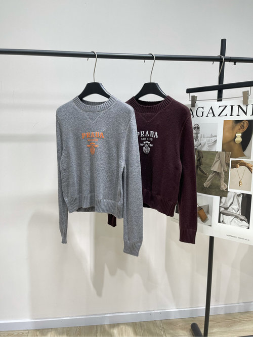 Prada Gray and Brown P-Letter Jacquard Long-Sleeve Round-Neck Wool Blend Sweater