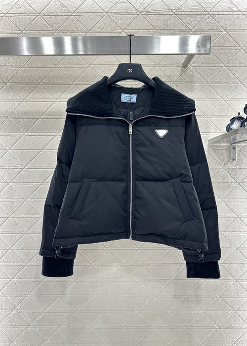 Prada Knitted Collar Zipper Down Jacket, Brand Logo, Fashionable Style
