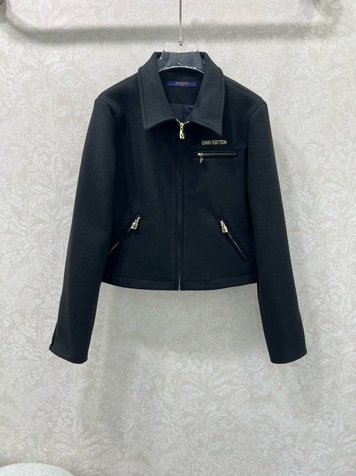Louis Vuitton Woolen Lapel Zipper Jacket with Embroidered Logo for a Stylish Appearance