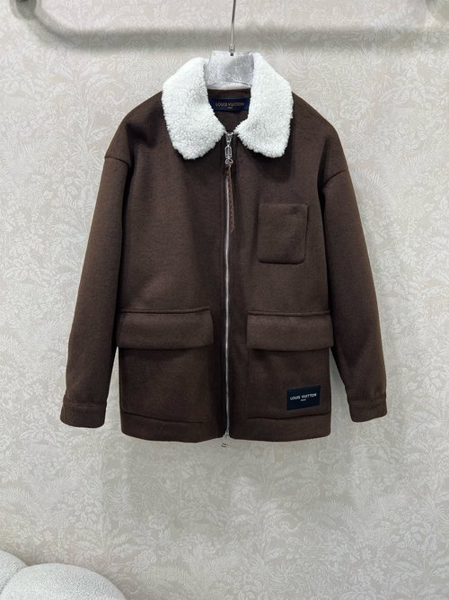 Louis Vuitton Loose-fit Faux Lamb Fur Collar Mid-length Coat with Logo
