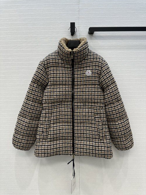 Moncler Wool Houndstooth Down Jacket, Teddy Collar, Warm and Stylish