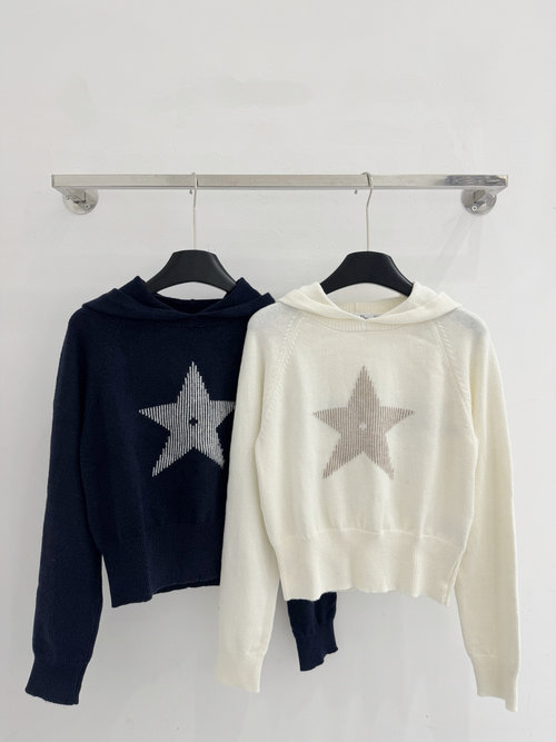 Dior Star Pattern Knitted Top with Ribbed Hood