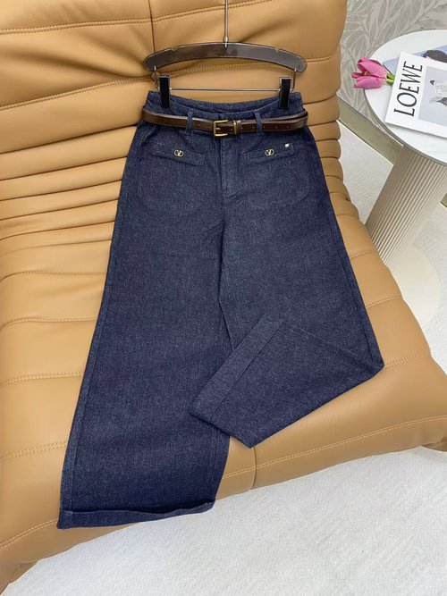 Valentino Denim Wide - Leg Pants with Brown Belt and Metal Accents
