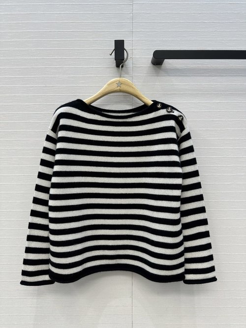 Dior Navy Stripe Rolled-Edge Cashmere Sweater with Logo