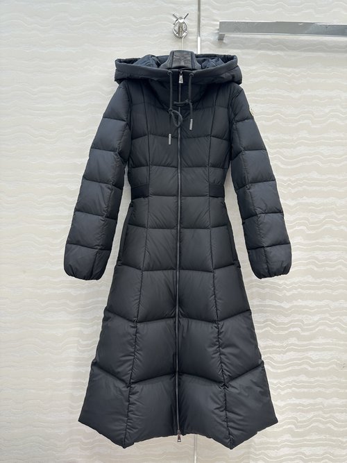 Moncler Long Hooded Down Jacket with Waist-Contracted A-Skirt for a Slimming Look