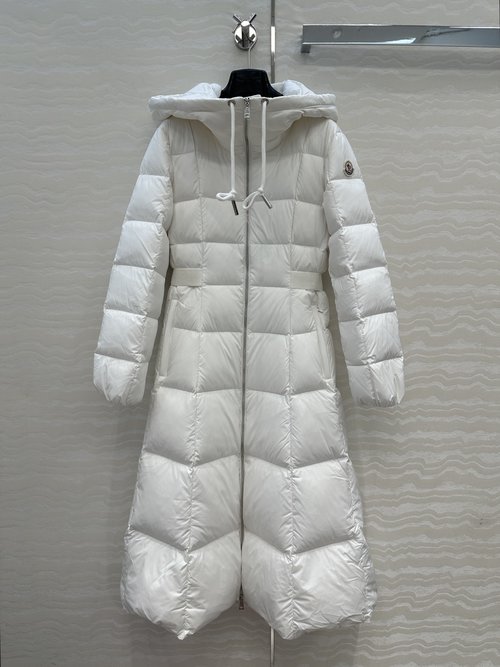 Moncler Long Hooded Down Jacket with Waist-Contracted A-Skirt for a Slimming Look