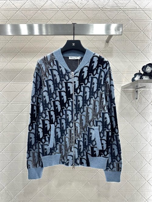 Dior Custom Wool Knit Zipper Cardigan with Jacquard Letter Pattern, Sophisticated Style