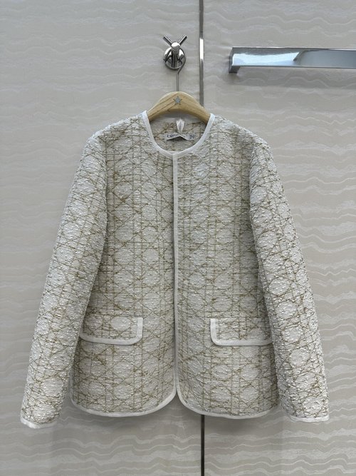 Dior Classic Round-neck Box-shaped Tweed Coat in Gold-White Tone