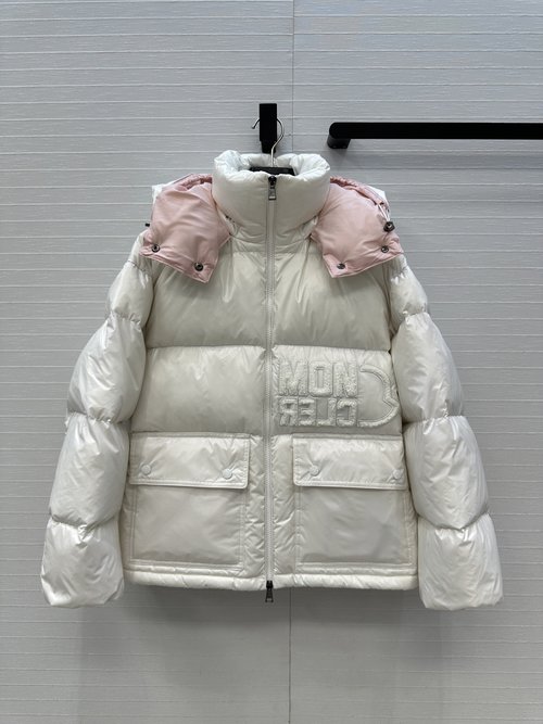Moncler Detachable Hood Down Jacket with Flocked Embroidery and Contrasting Design