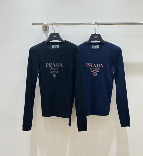 Prada Classic Logo Embroidered Long-Sleeve Knit Top, Simple and Elegant