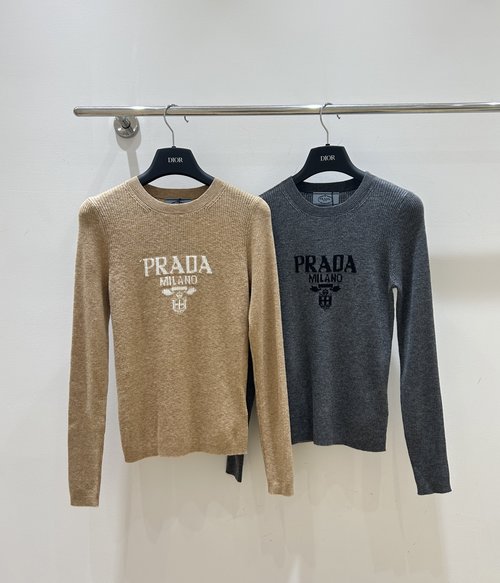 Prada Classic Logo Embroidered Long-Sleeve Knit Top, Simple and Elegant
