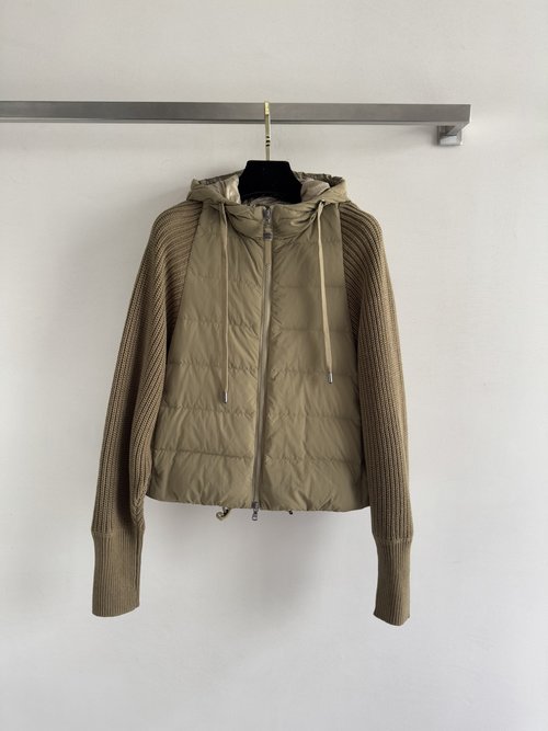 Loewe Matte Waterproof Nylon Down Jacket with Knitted Sleeves, Stylish and Warm