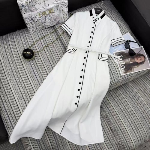 Dior Chic Color-Blocked Embroidered Sleeveless Dress with Adjustable Waist Belt