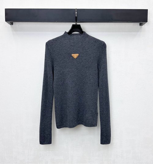 Prada Elastic Fitted Mock Neck Top with Triangle Logo for a Sophisticated Look