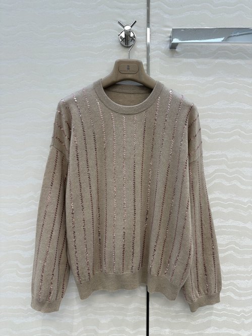 Brunello Cucinelli Luxurious Striped Beaded Drop-shoulder Cashmere Top with Embroidery
