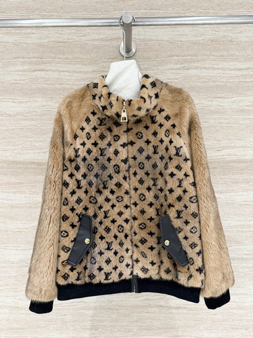 Louis Vuitton Classic Monogram Hooded Mink Coat with Distinctive Fur