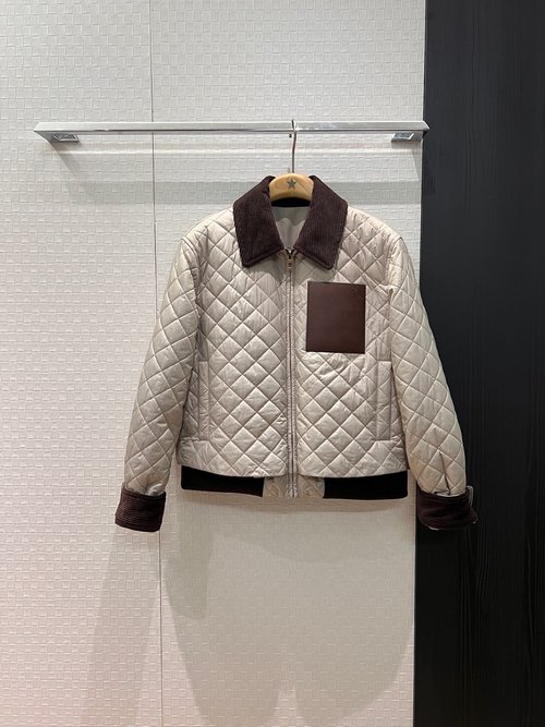 Loewe Stylish Checked Corduroy Turn-up Collar Short Cotton Coat