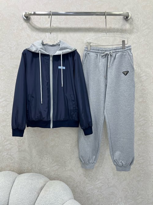 Prada Double-sided Zippered Hooded Jacket and Wide-leg Pants Set, Sporty Design