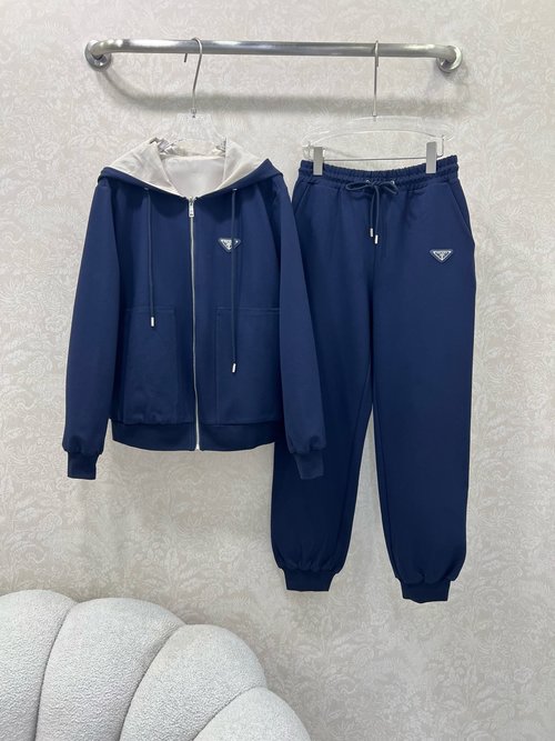 Prada Double-sided Zippered Hooded Jacket and Wide-leg Pants Set, Sporty Design