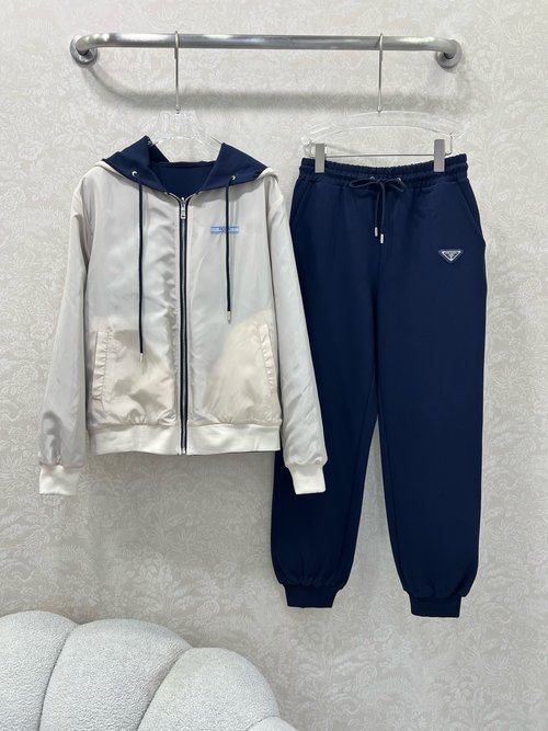 Prada Double-sided Zippered Hooded Jacket and Wide-leg Pants Set, Sporty Design