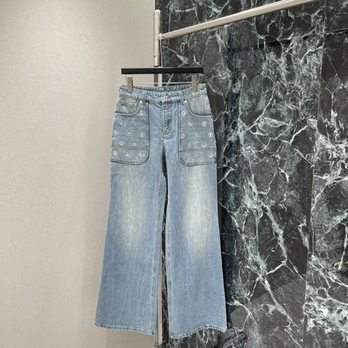 Louis Vuitton Ski Series Silver Sequin Wide-Leg Jeans, Elegant and Sturdy for Maturity