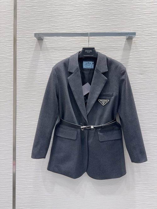 Prada Elegant Wool Blazer with Triangle Logo and Belt