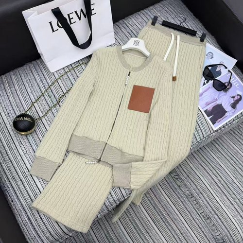 Loewe Early Collection: Knitted Cardigan and Elastic Waist Straight Leg Pants Set with Leather Pocket