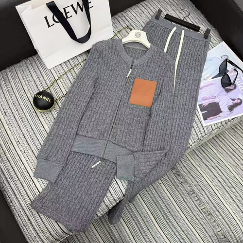 Loewe Early Collection: Knitted Cardigan and Elastic Waist Straight Leg Pants Set with Leather Pocket