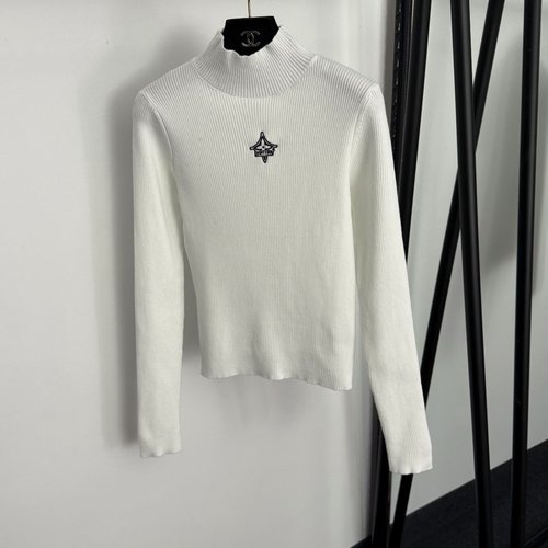 Louis Vuitton Logo-Embroidered Half-High Collar Knit Base Layer in White & Black
