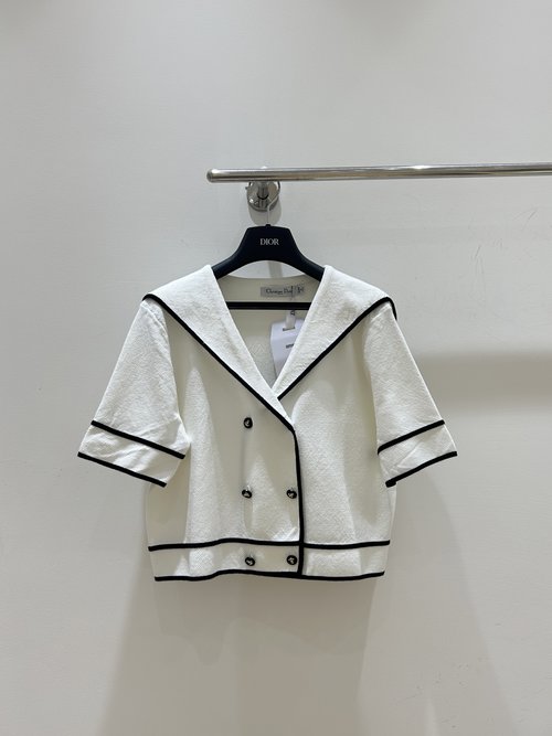 Dior Navy Collar Knit Short Jacket with Contrast Trim