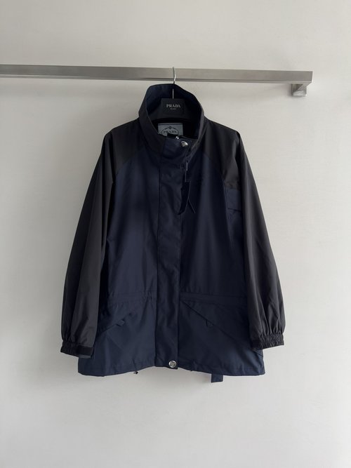 Prada Contrast Workwear Trench Coat with Belt and Logo Decoration