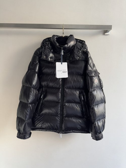 Moncler Classic Down Jacket with Shiny Finish and Brand Elements