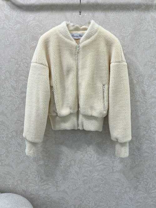 Dior Cozy Furry-Collar Zip Jacket with Knit Trim