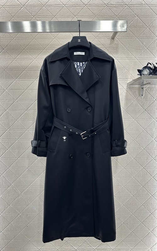 Dior Double-breasted Long Trench Coat with Embroidery and Belt Decoration