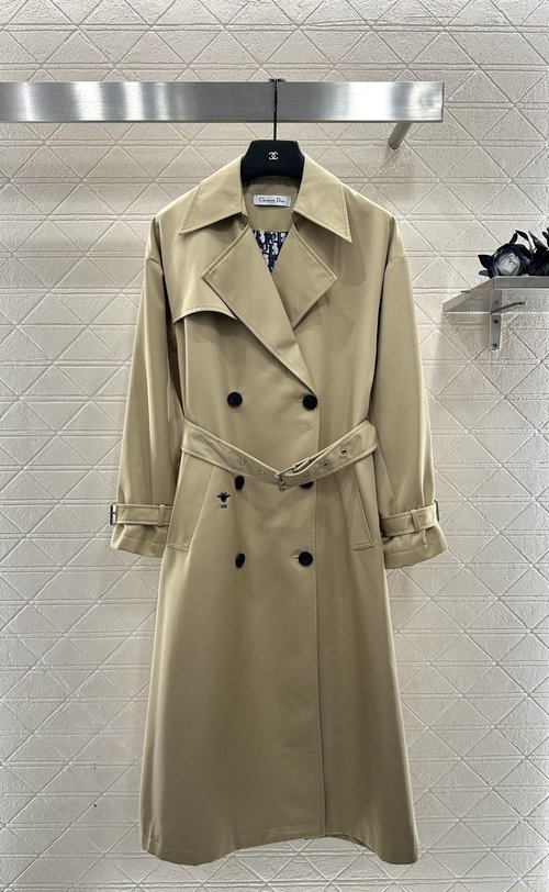 Dior Double-breasted Long Trench Coat with Embroidery and Belt Decoration