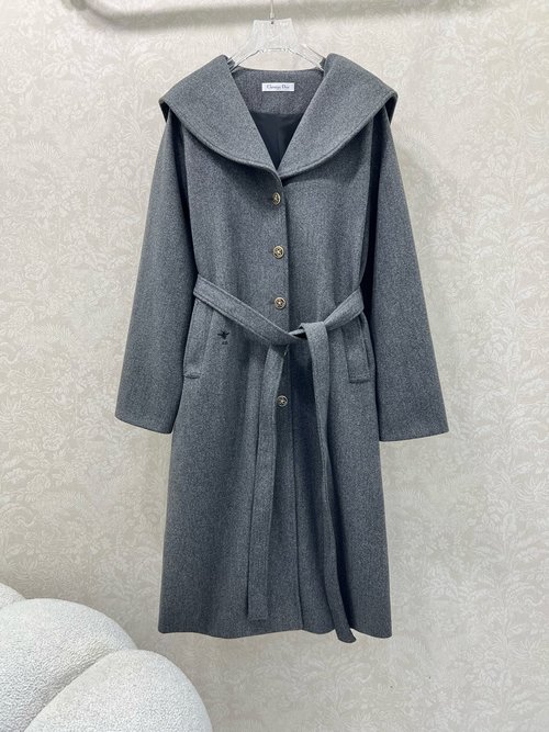 Dior Elegant Long Woolen Coat with Bee Embroidery and Belt