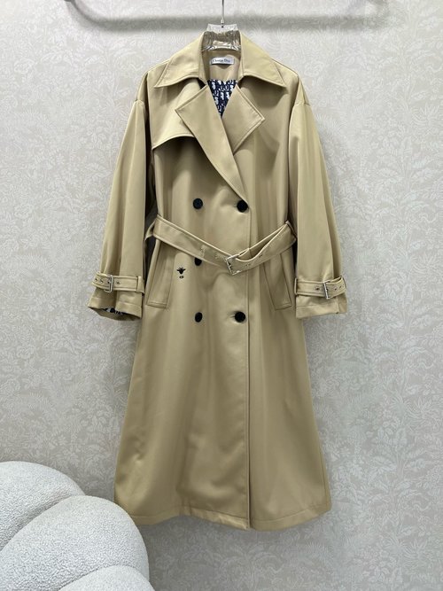 Dior Double-Breasted Trench Coat with Bee Embroidery and Logo Belt