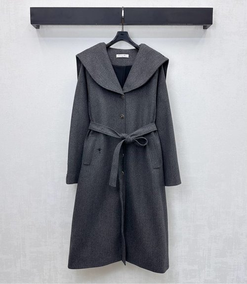 Dior Lace-up Lapel Long Woolen Coat with Embroidered Brand for Refined Look