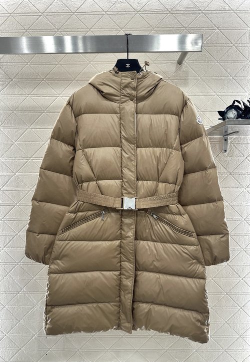 Moncler Long Down Coat with Hood, Waistband, and Concealed Zipper Design