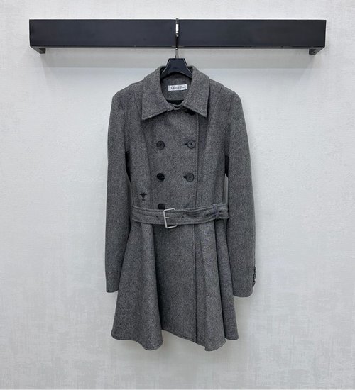Dior Double-breasted Lapel Woolen Coat with Bee Logo and Adjustable Waist Belt