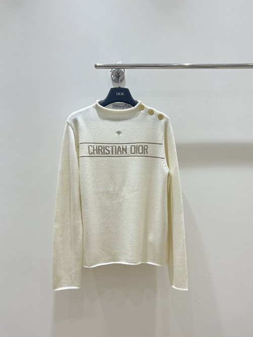 Dior Bee and Letter Embroidered Knit Shoulder Button Sweater
