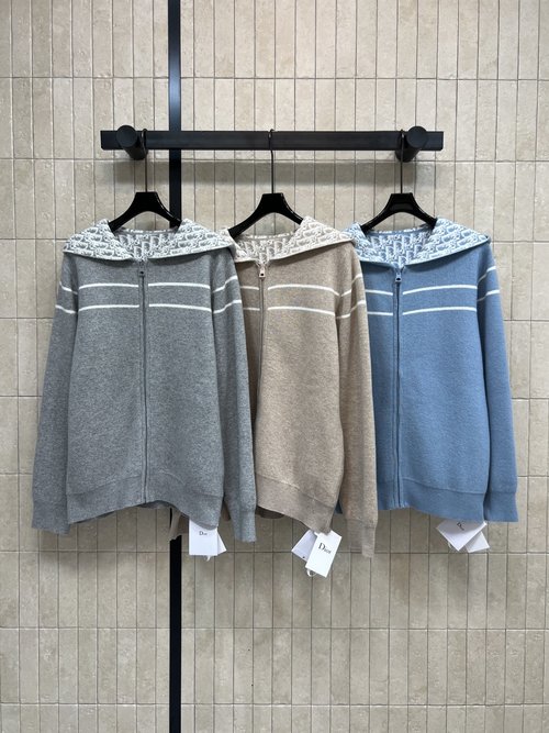 Dior Reversible Cashmere Hoodie with Classic Logo Pattern and Zipper Closure