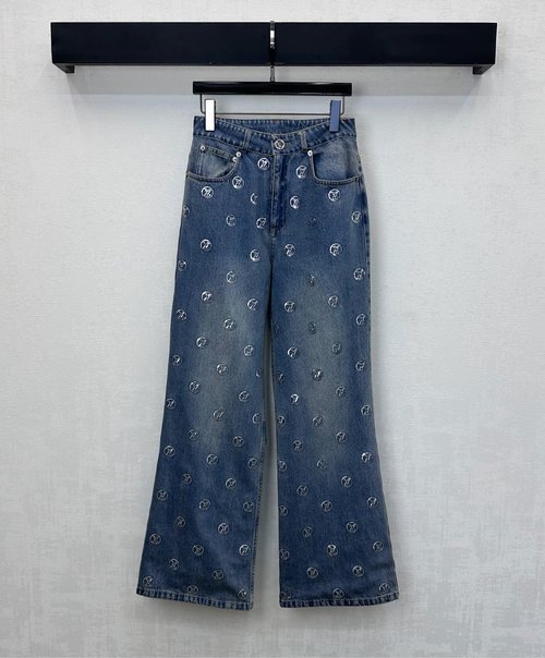 Louis Vuitton Embroidered Sequin Denim Straight-Leg Trousers with Logo Accent